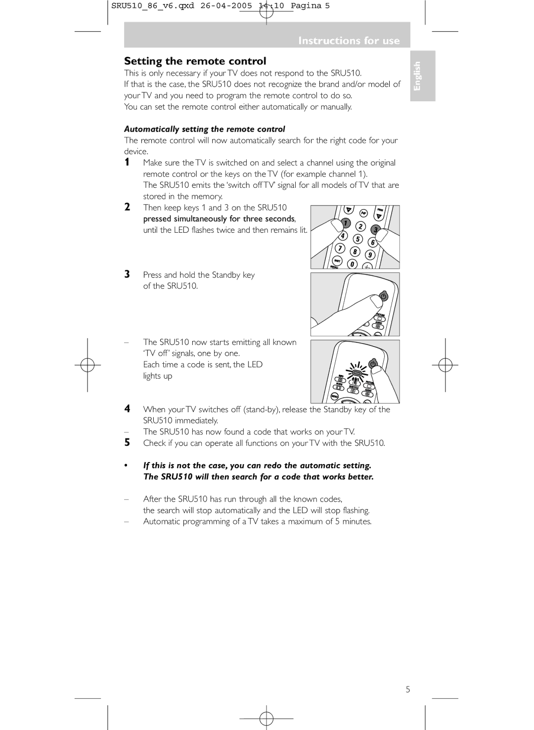 Philips SRU 510/86 manual Instructions for use, Setting the remote control, Automatically setting the remote control 