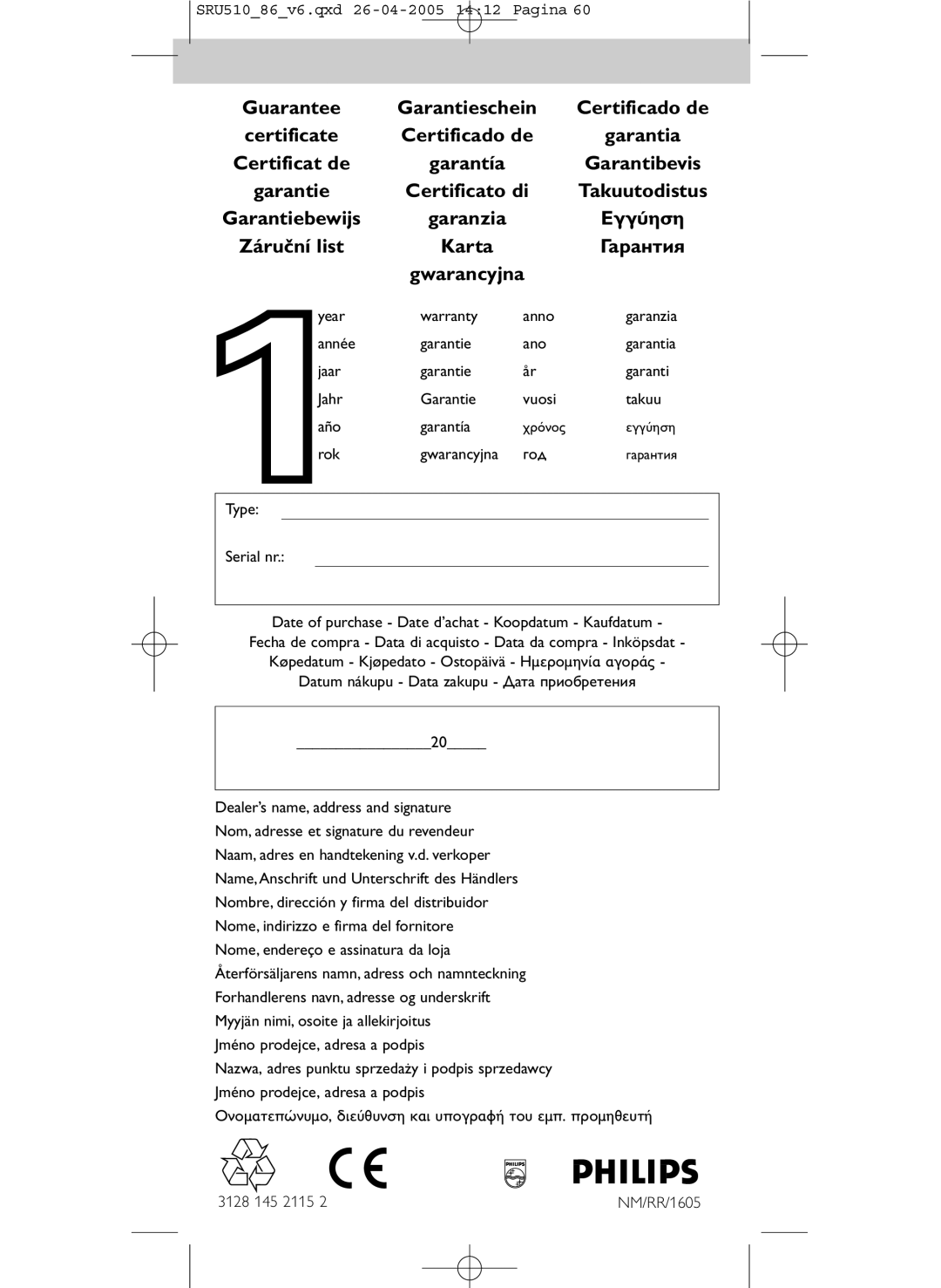 Philips SRU 510/86 manual Guarantee, Certificate Certificado de, Certificat de, Certificato di Takuutodistus 