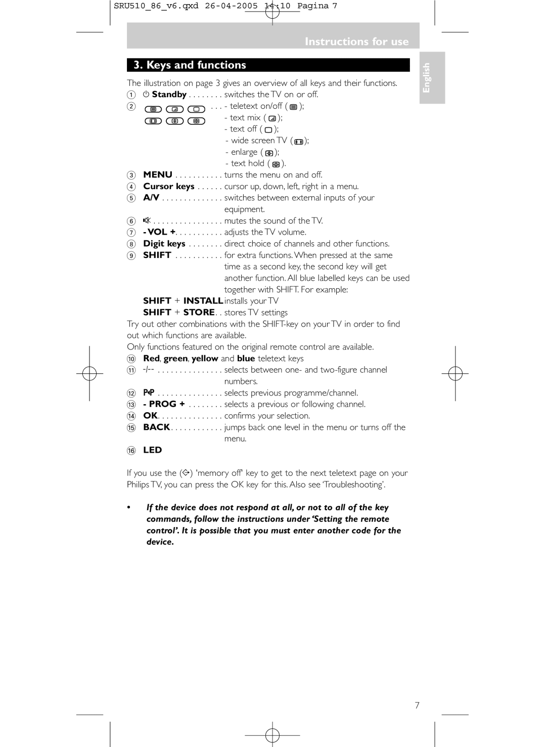 Philips SRU 510/86 manual Instructions for use Keys and functions 