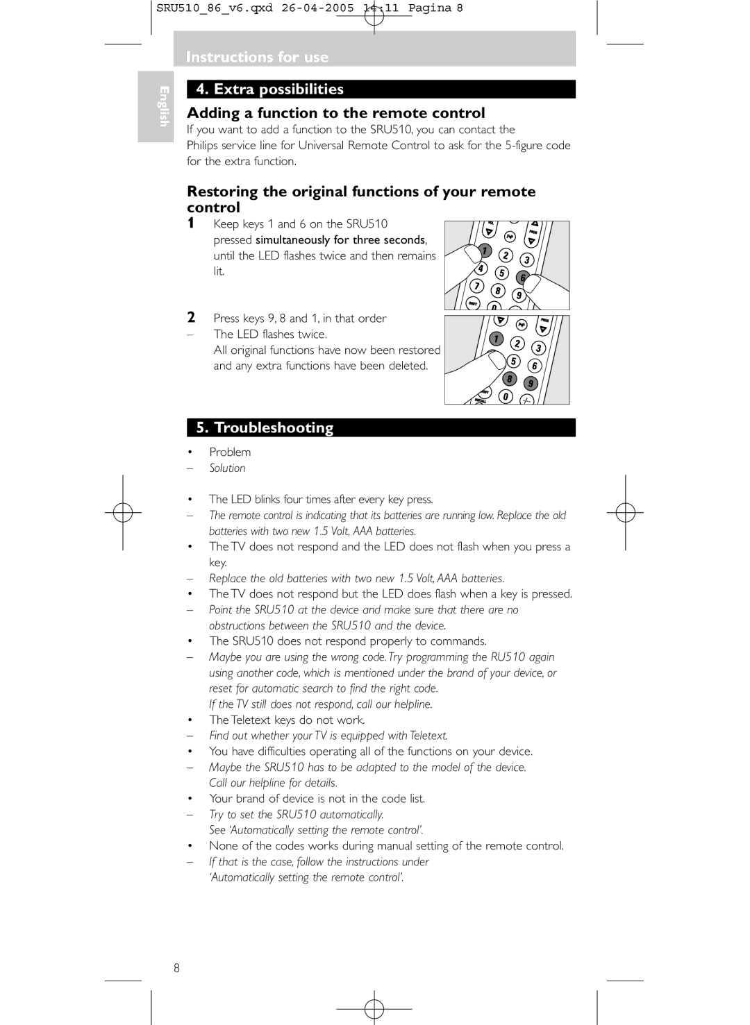 Philips SRU 510/86 Instructions for use Extra possibilities, Adding a function to the remote control, Troubleshooting 
