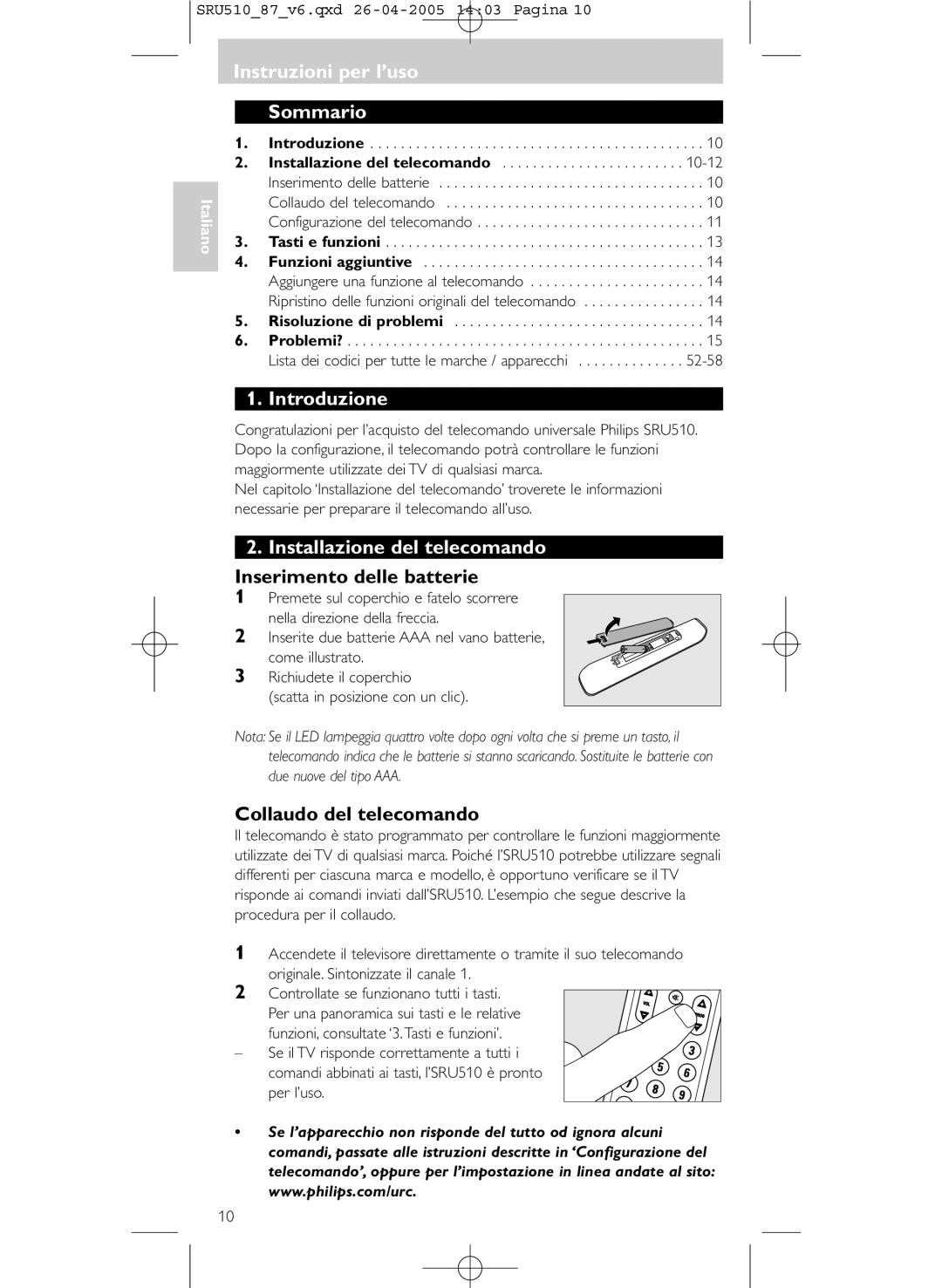 Philips SRU 510/87 Instruzioni per l’uso Sommario, Introduzione, Installazione del telecomando, Inserimento delle batterie 