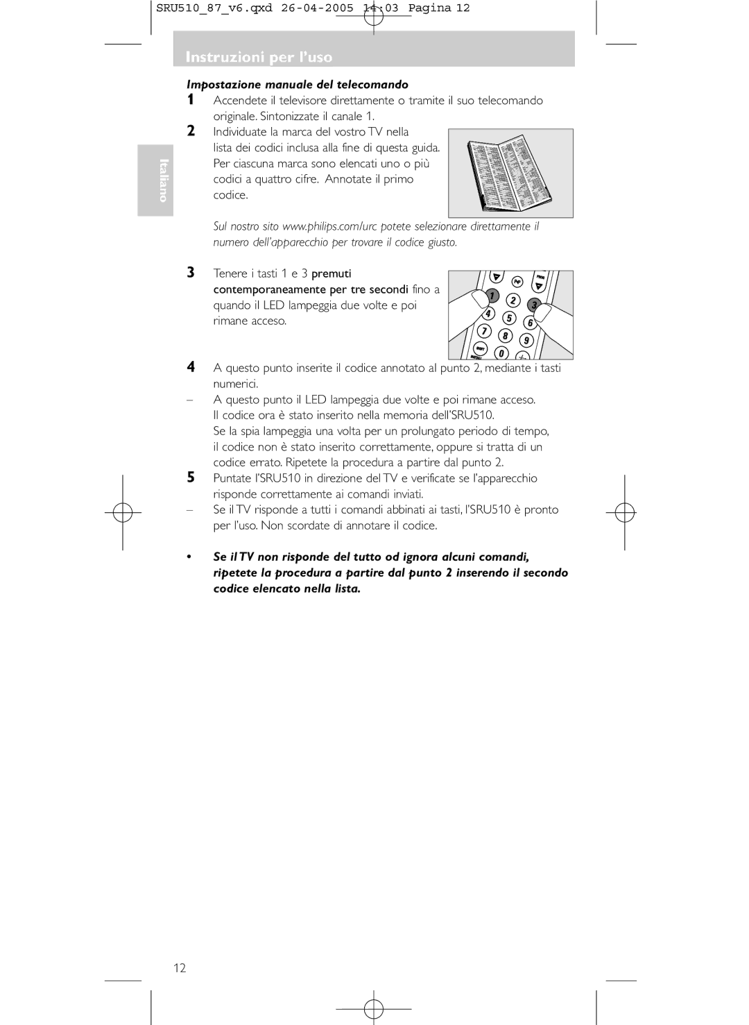 Philips SRU 510/87 Impostazione manuale del telecomando 