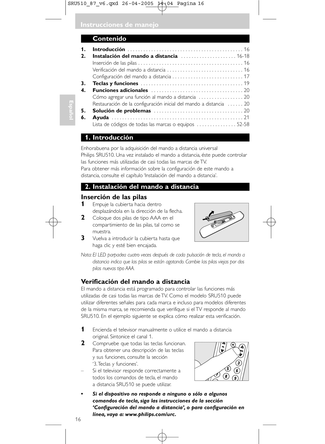 Philips SRU 510/87 manual Instrucciones de manejo Contenido, Introducción, Instalación del mando a distancia 