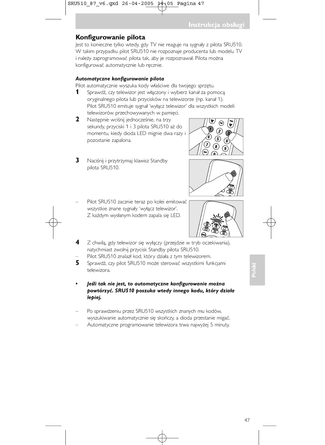 Philips SRU 510/87 manual Instrukcja obsługi, Konfigurowanie pilota, Automatyczne konfigurowanie pilota 