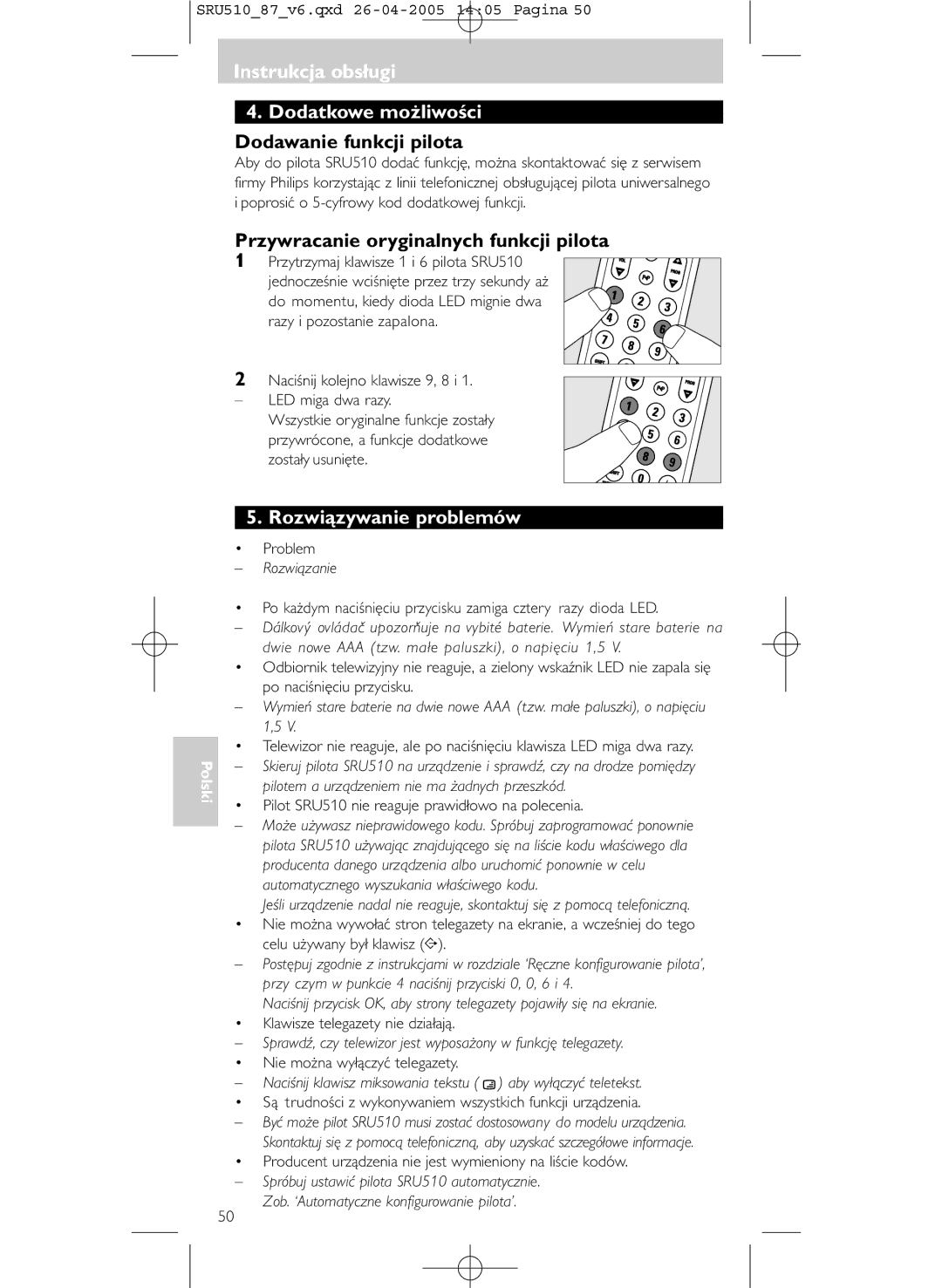 Philips SRU 510/87 manual Przywracanie oryginalnych funkcji pilota, Rozwiązywanie problemów 