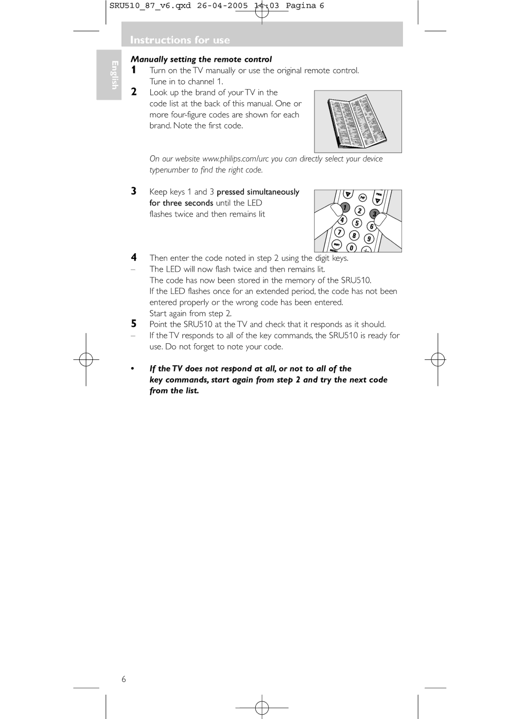 Philips SRU 510/87 manual Manually setting the remote control 