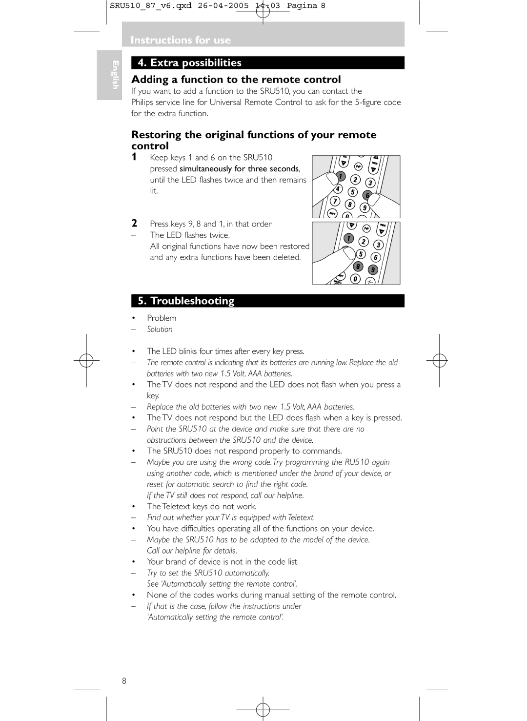 Philips SRU 510/87 Instructions for use Extra possibilities, Adding a function to the remote control, Troubleshooting 
