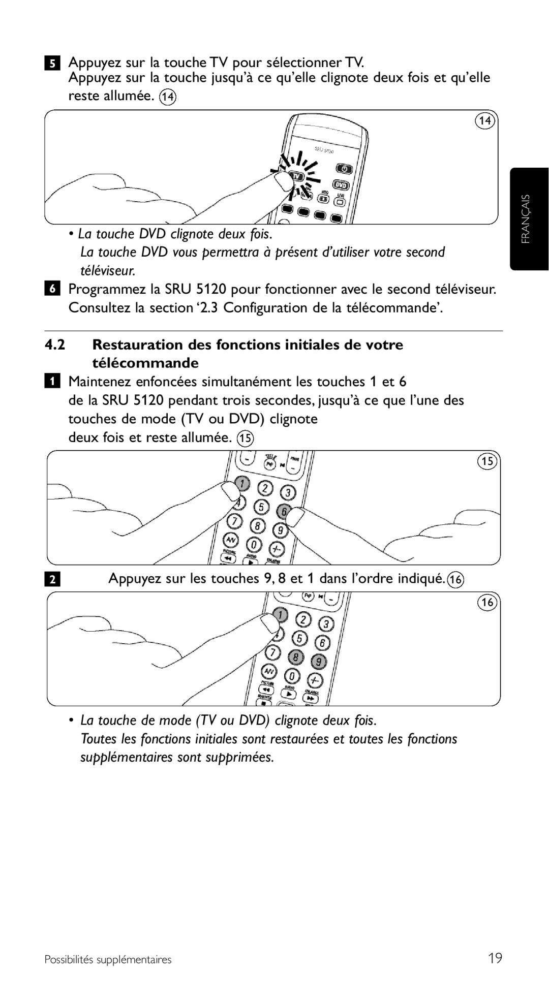 Philips SRU 5120/86 manual Restauration des fonctions initiales de votre télécommande 