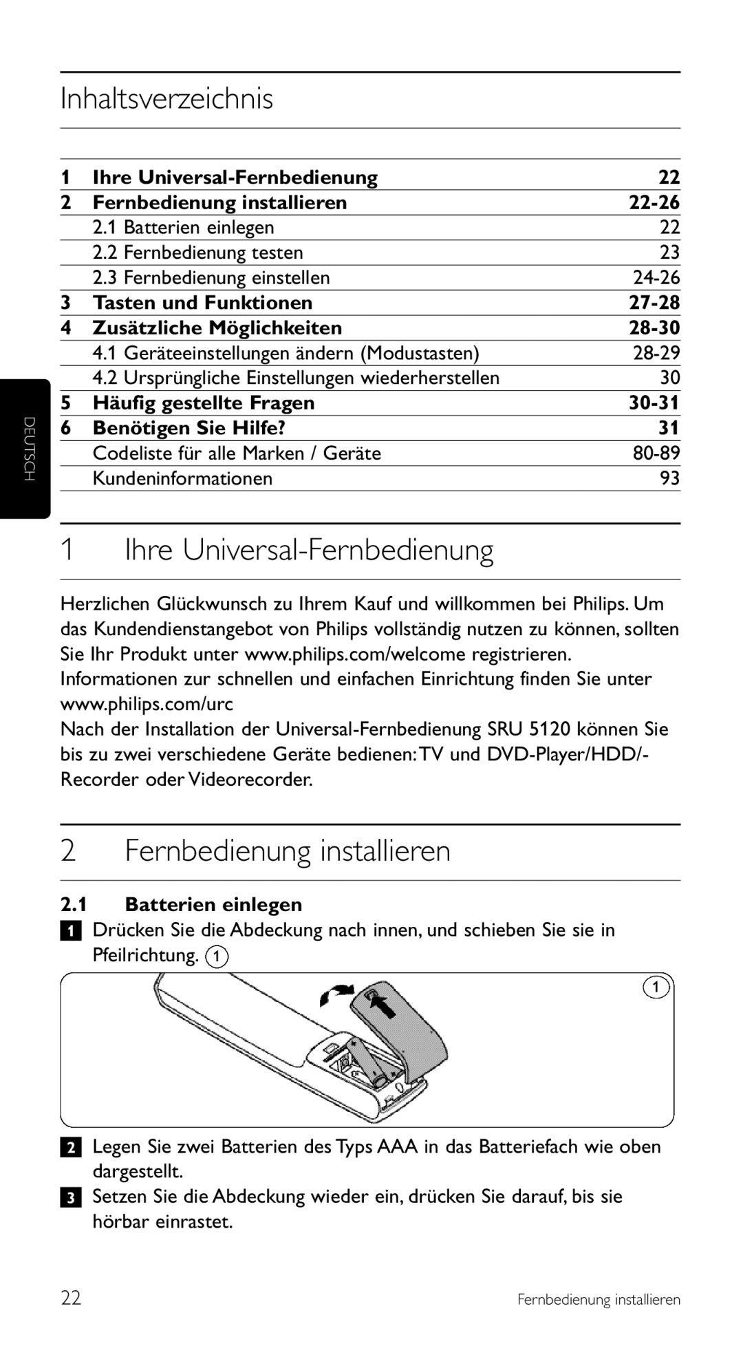 Philips SRU 5120/86 manual Inhaltsverzeichnis, Ihre Universal-Fernbedienung, Fernbedienung installieren 