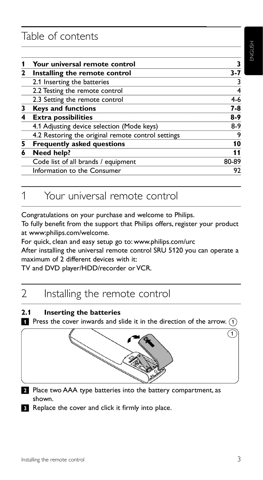 Philips SRU 5120/86 manual Table of contents, Your universal remote control, Installing the remote control 