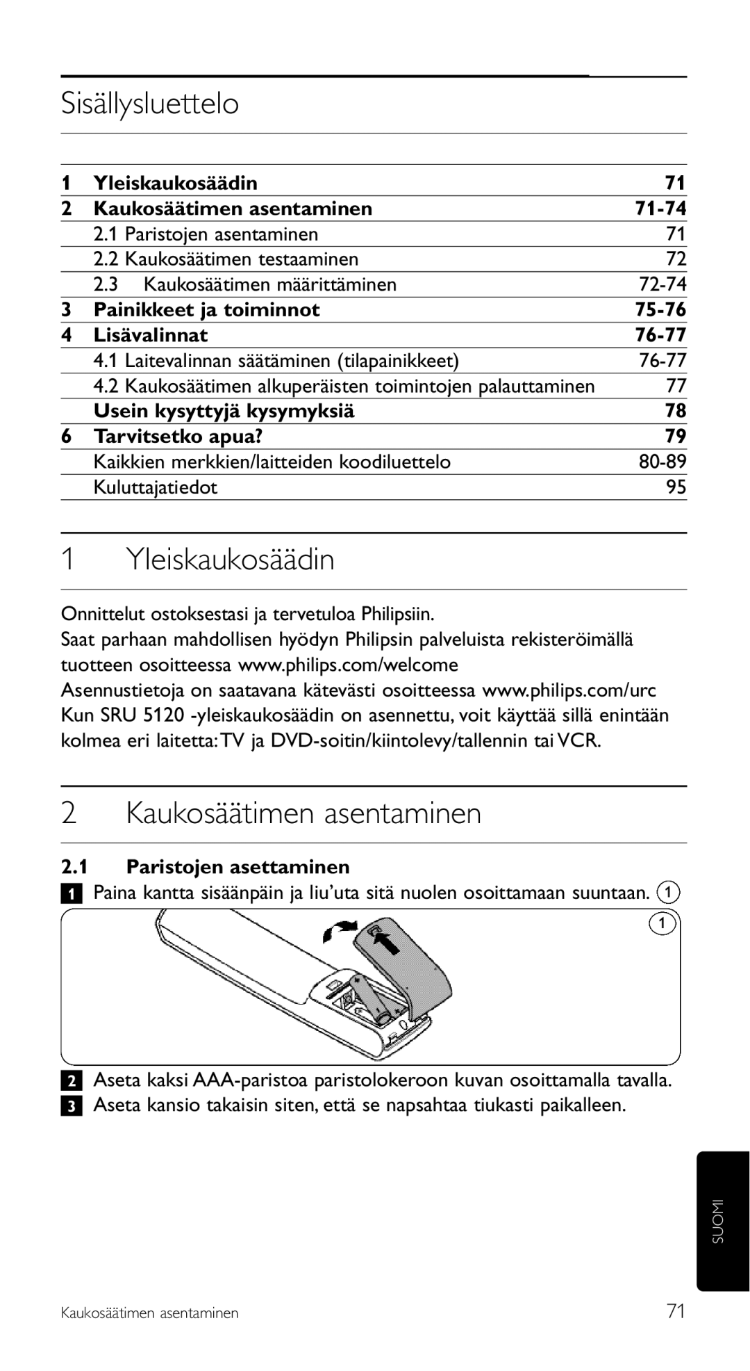 Philips SRU 5120/86 manual Sisällysluettelo, Yleiskaukosäädin, Kaukosäätimen asentaminen 