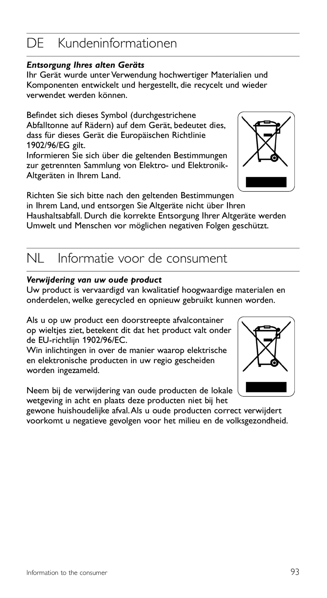 Philips SRU 5120/86 manual DE Kundeninformationen, NL Informatie voor de consument 