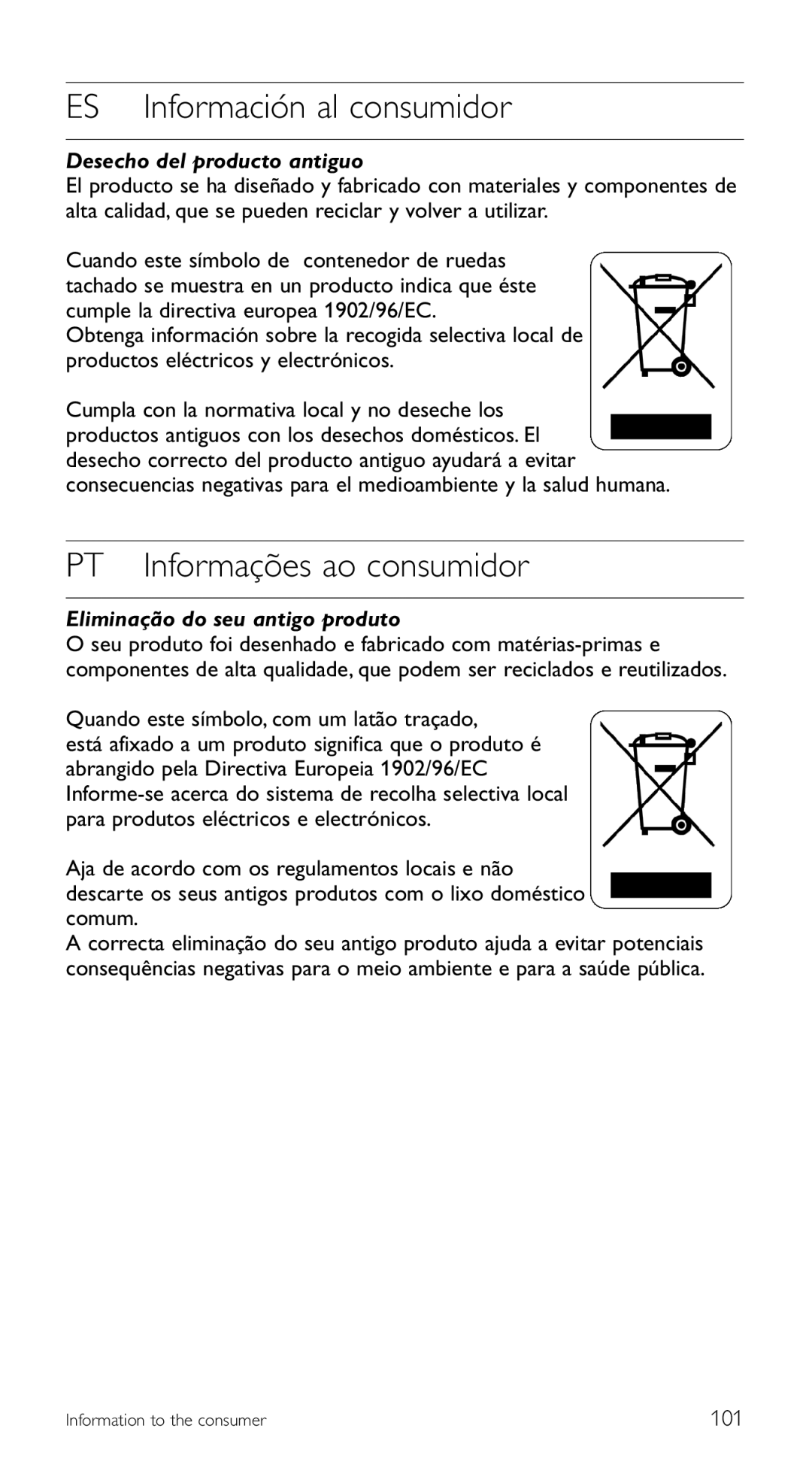 Philips SRU 5120/87 ES Información al consumidor, PT Informações ao consumidor, Quando este símbolo, com um latão traçado 