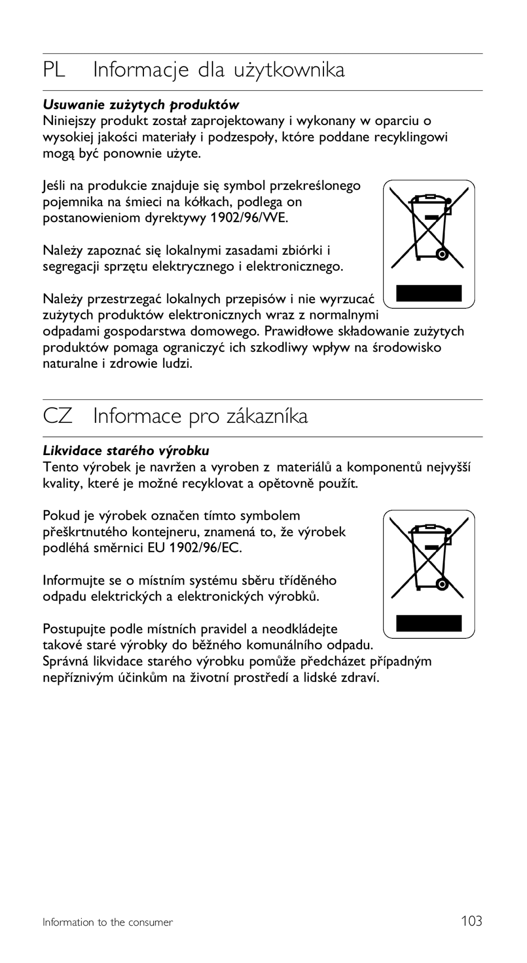 Philips SRU 5120/87 manual PL Informacje dla użytkownika, CZ Informace pro zákazníka 