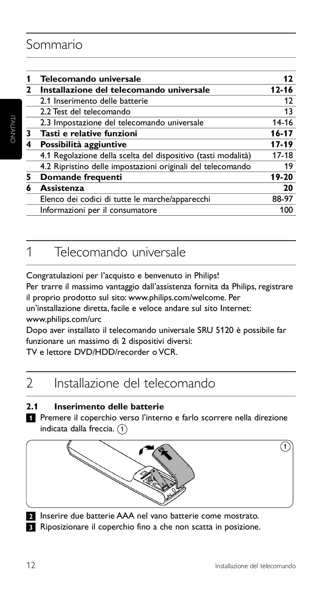 Philips SRU 5120/87 manual Sommario, Telecomando universale, Installazione del telecomando, 17-18 