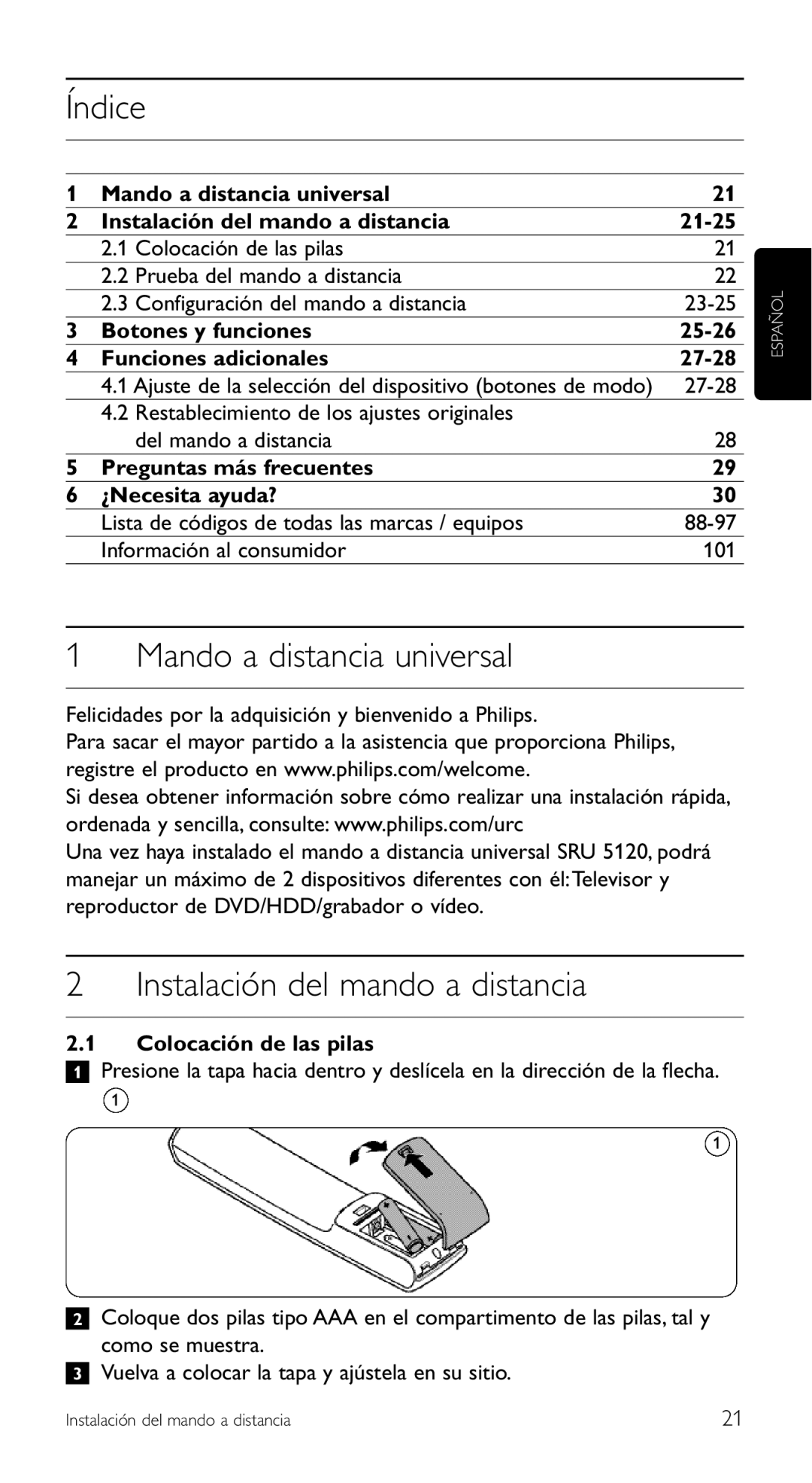 Philips SRU 5120/87 manual Índice, Mando a distancia universal, Instalación del mando a distancia 