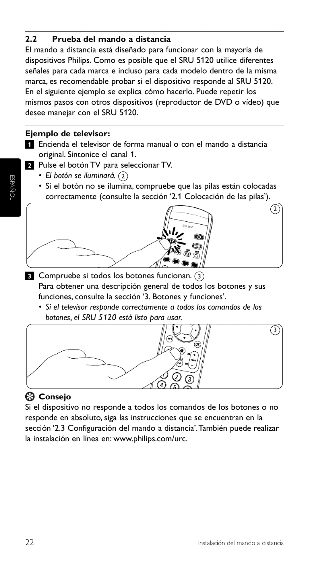 Philips SRU 5120/87 manual Prueba del mando a distancia, Ejemplo de televisor, El botón se iluminará, Consejo 