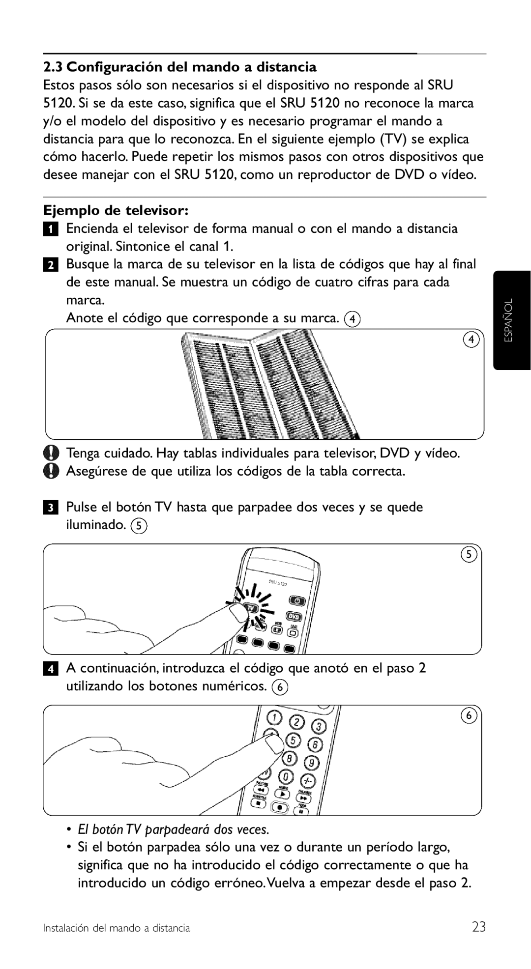 Philips SRU 5120/87 manual Configuración del mando a distancia, El botón TV parpadeará dos veces 