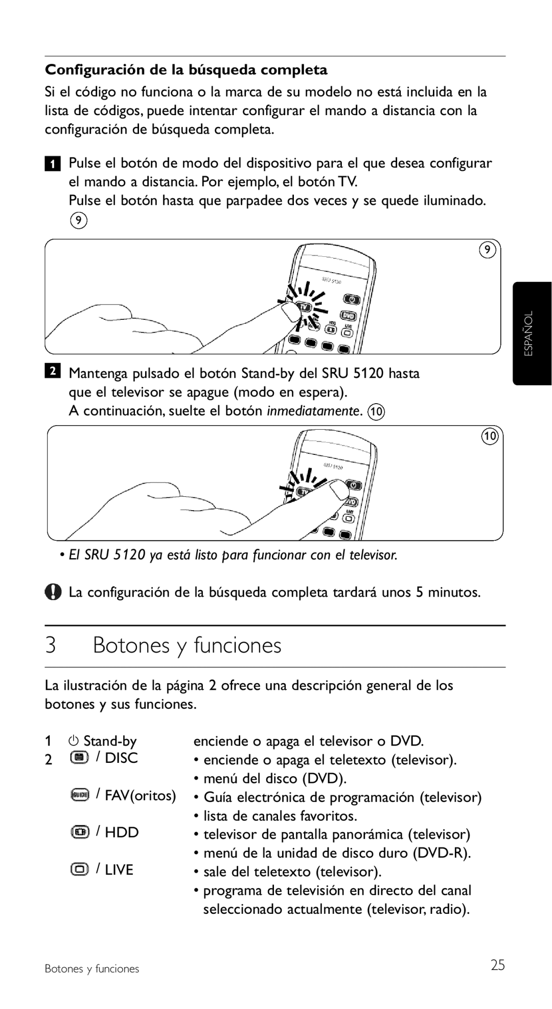 Philips SRU 5120/87 manual Botones y funciones, Configuración de la búsqueda completa 