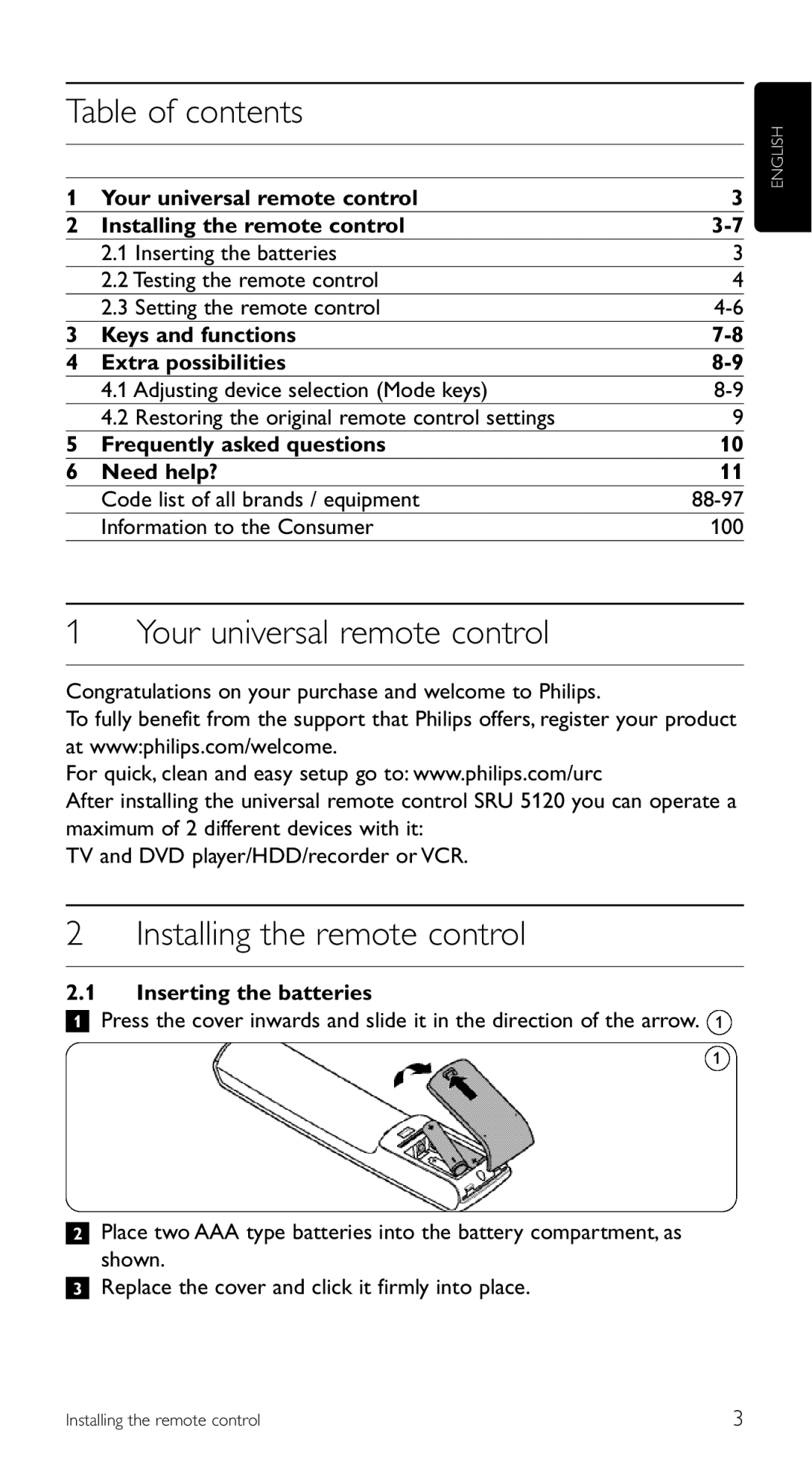 Philips SRU 5120/87 manual Table of contents, Your universal remote control, Installing the remote control 