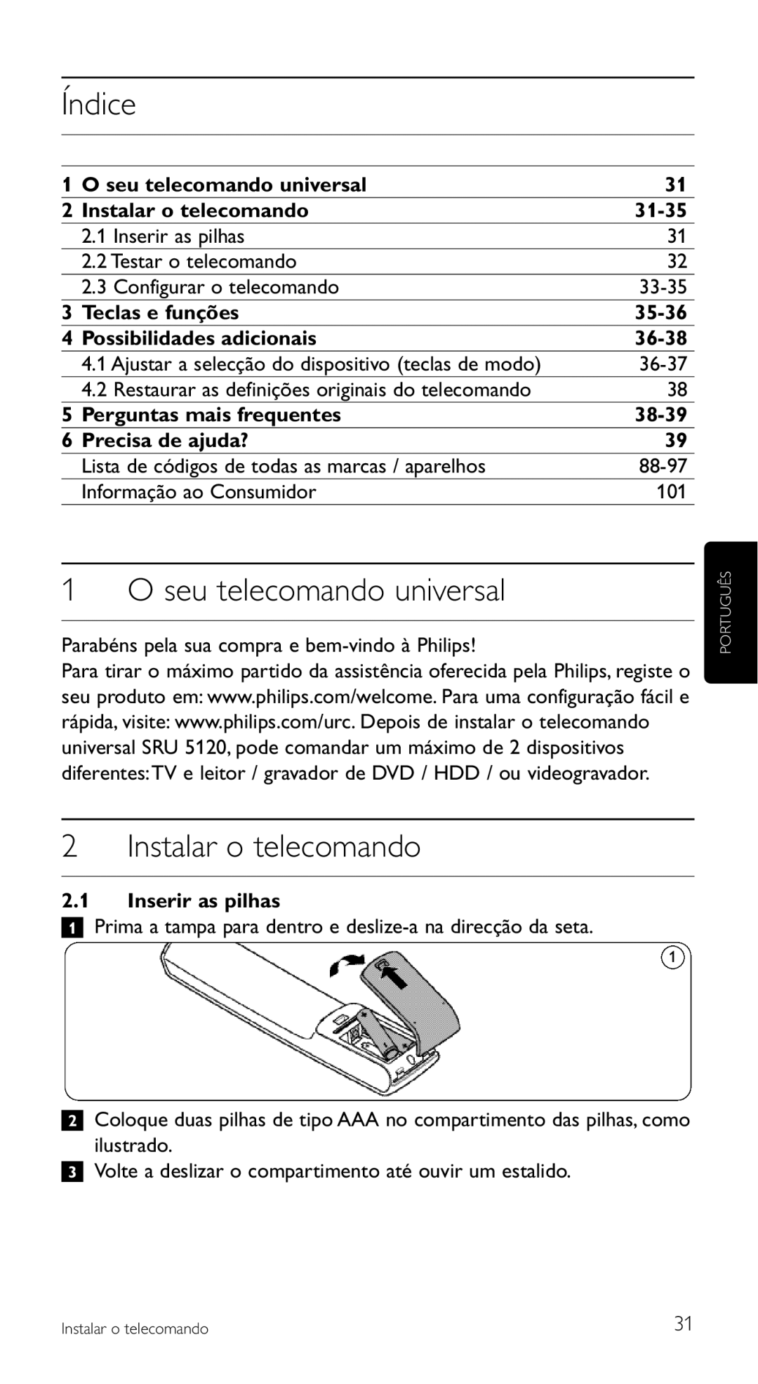 Philips SRU 5120/87 manual Seu telecomando universal, Instalar o telecomando, 36-37 