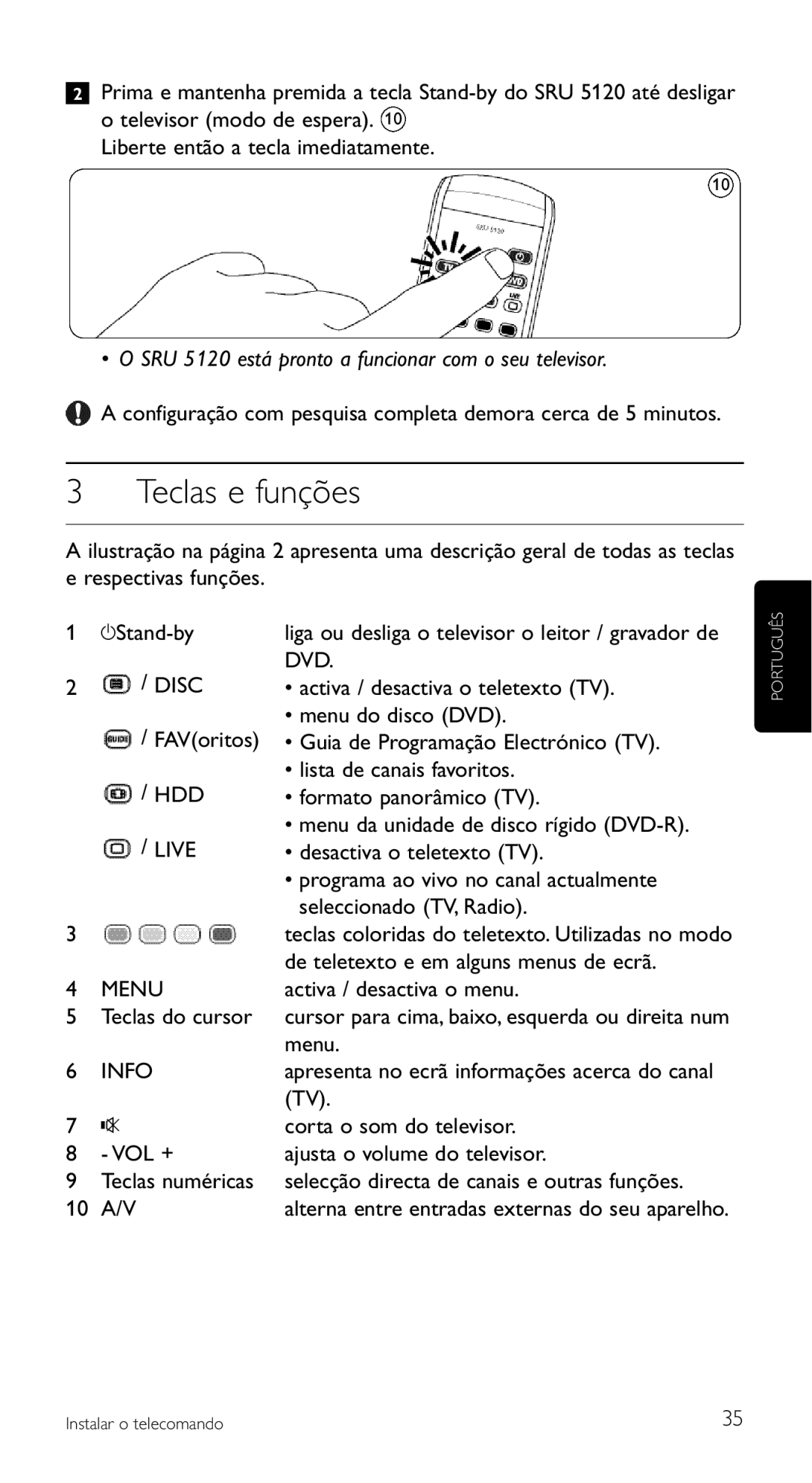 Philips SRU 5120/87 manual Teclas e funções 