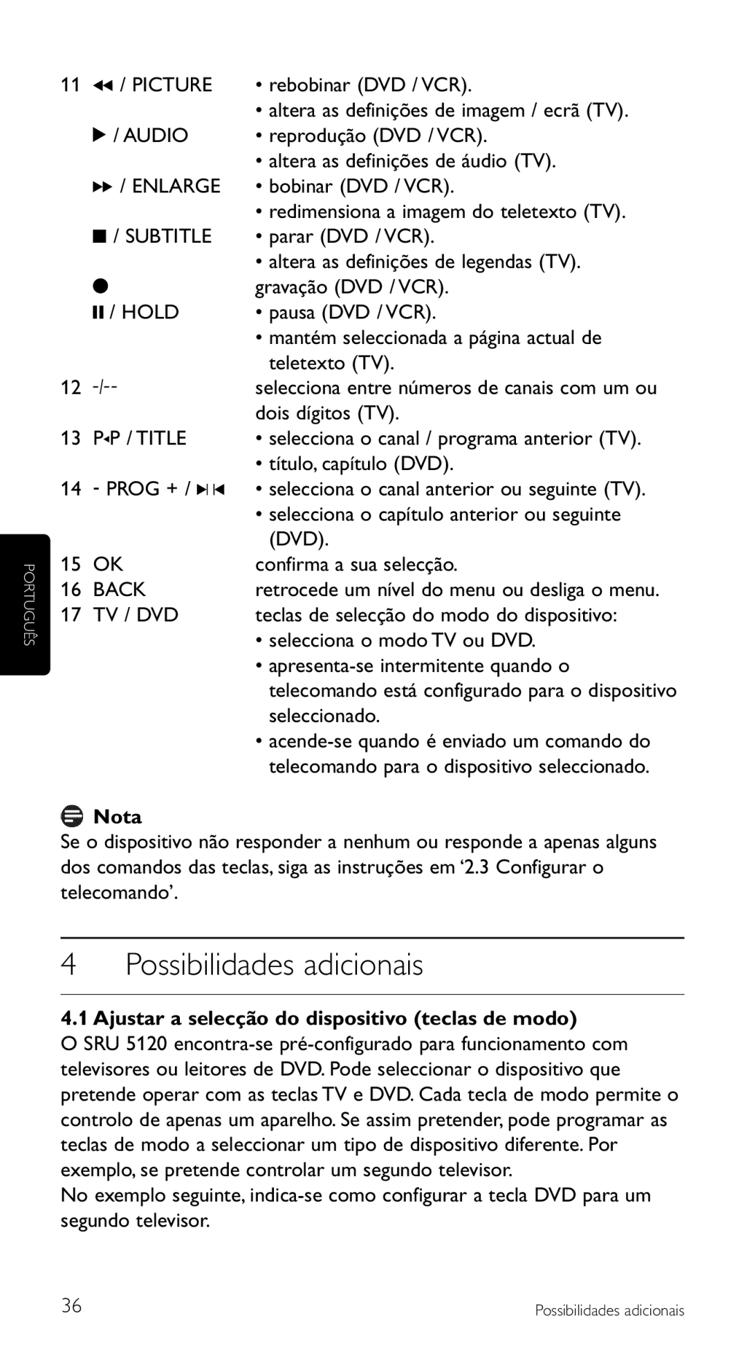 Philips SRU 5120/87 manual Possibilidades adicionais, Ajustar a selecção do dispositivo teclas de modo 