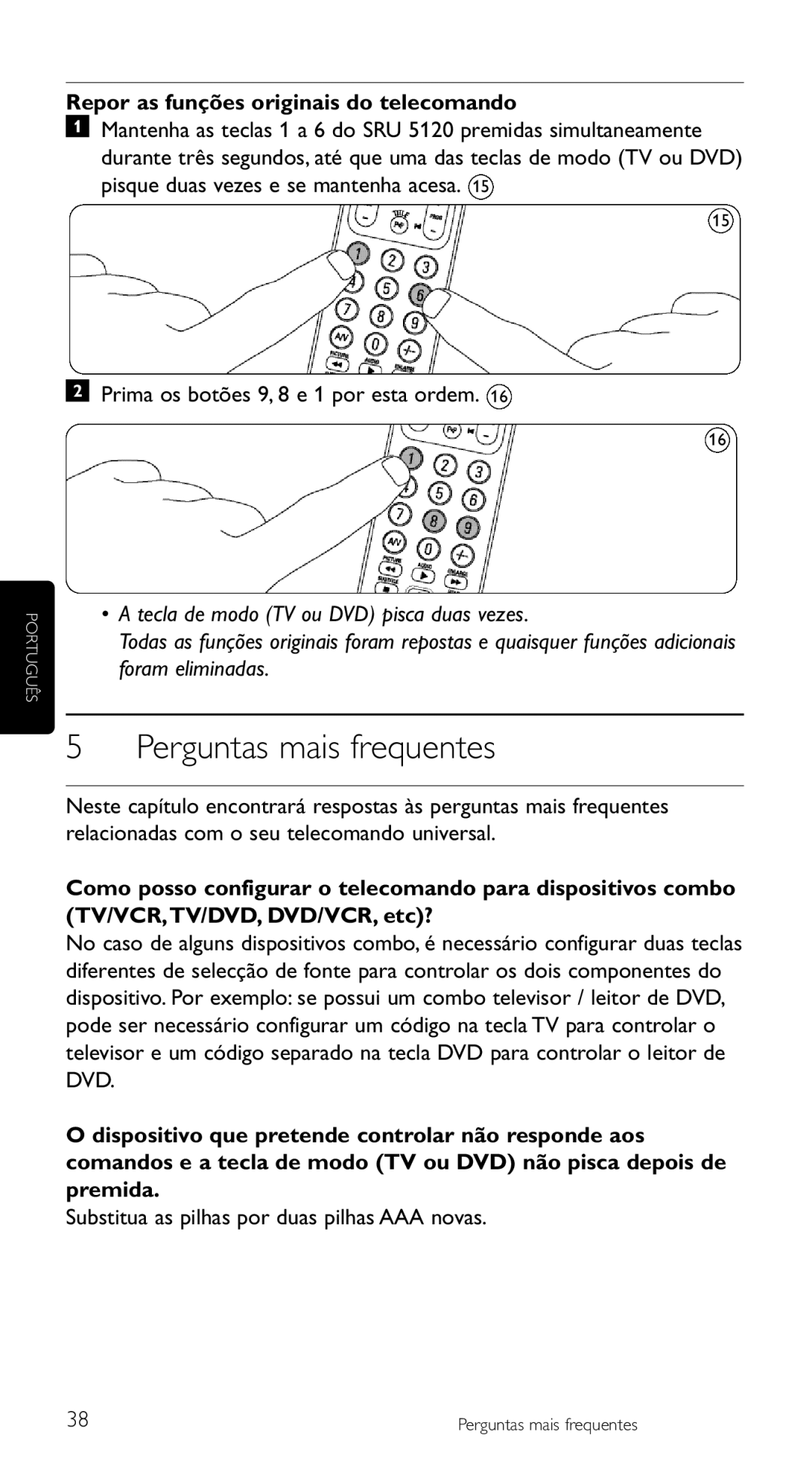 Philips SRU 5120/87 manual Perguntas mais frequentes, Repor as funções originais do telecomando 