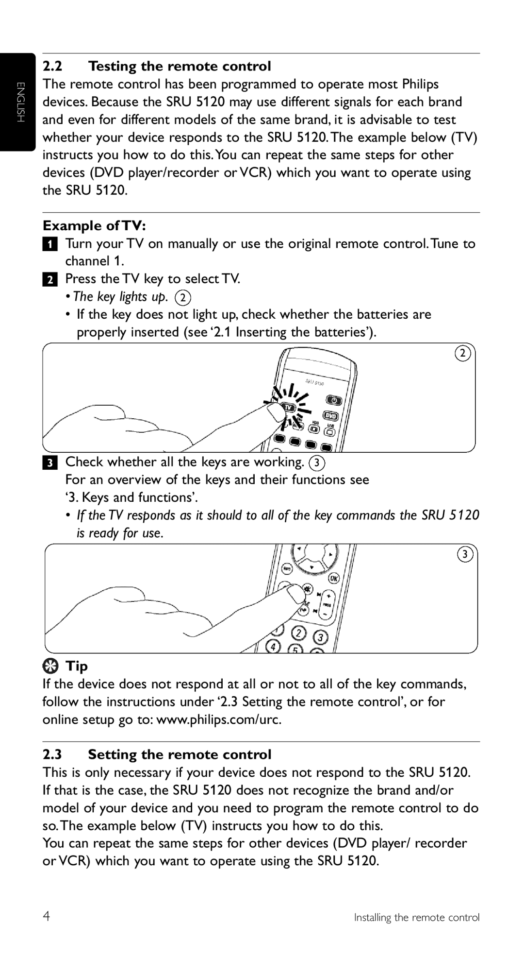 Philips SRU 5120/87 manual Example of TV, Key lights up, Tip Setting the remote control 