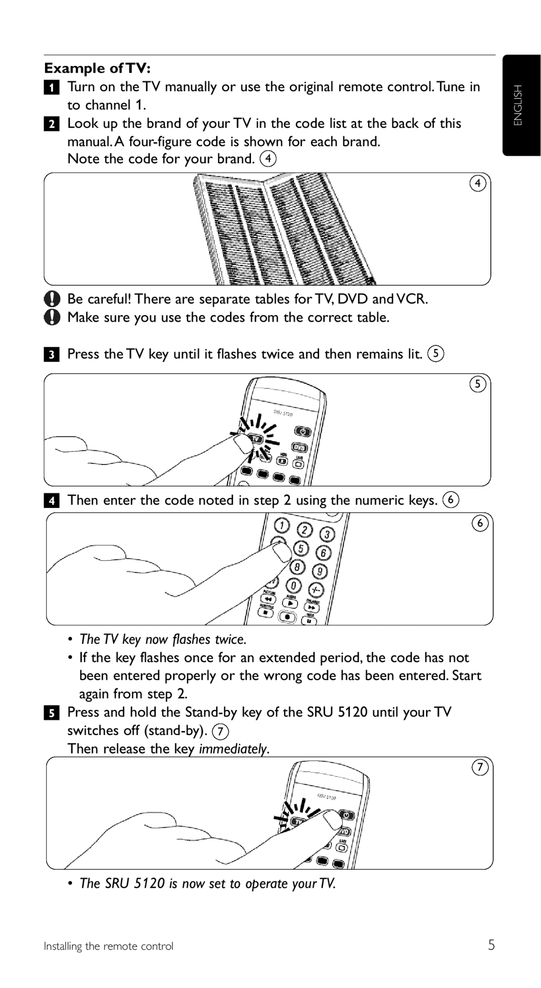 Philips SRU 5120/87 manual TV key now flashes twice, SRU 5120 is now set to operate your TV 