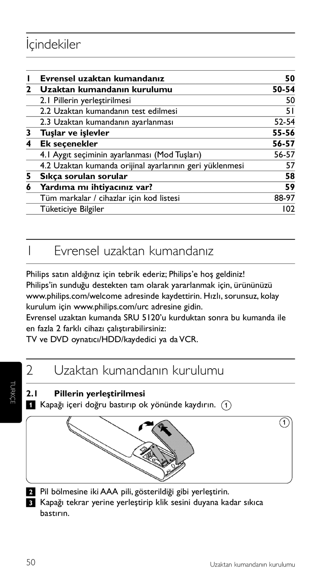 Philips SRU 5120/87 manual İçindekiler, Evrensel uzaktan kumandanız, Uzaktan kumandanın kurulumu 