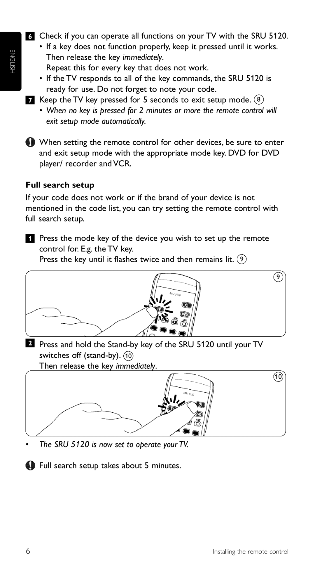 Philips SRU 5120/87 manual Full search setup takes about 5 minutes 