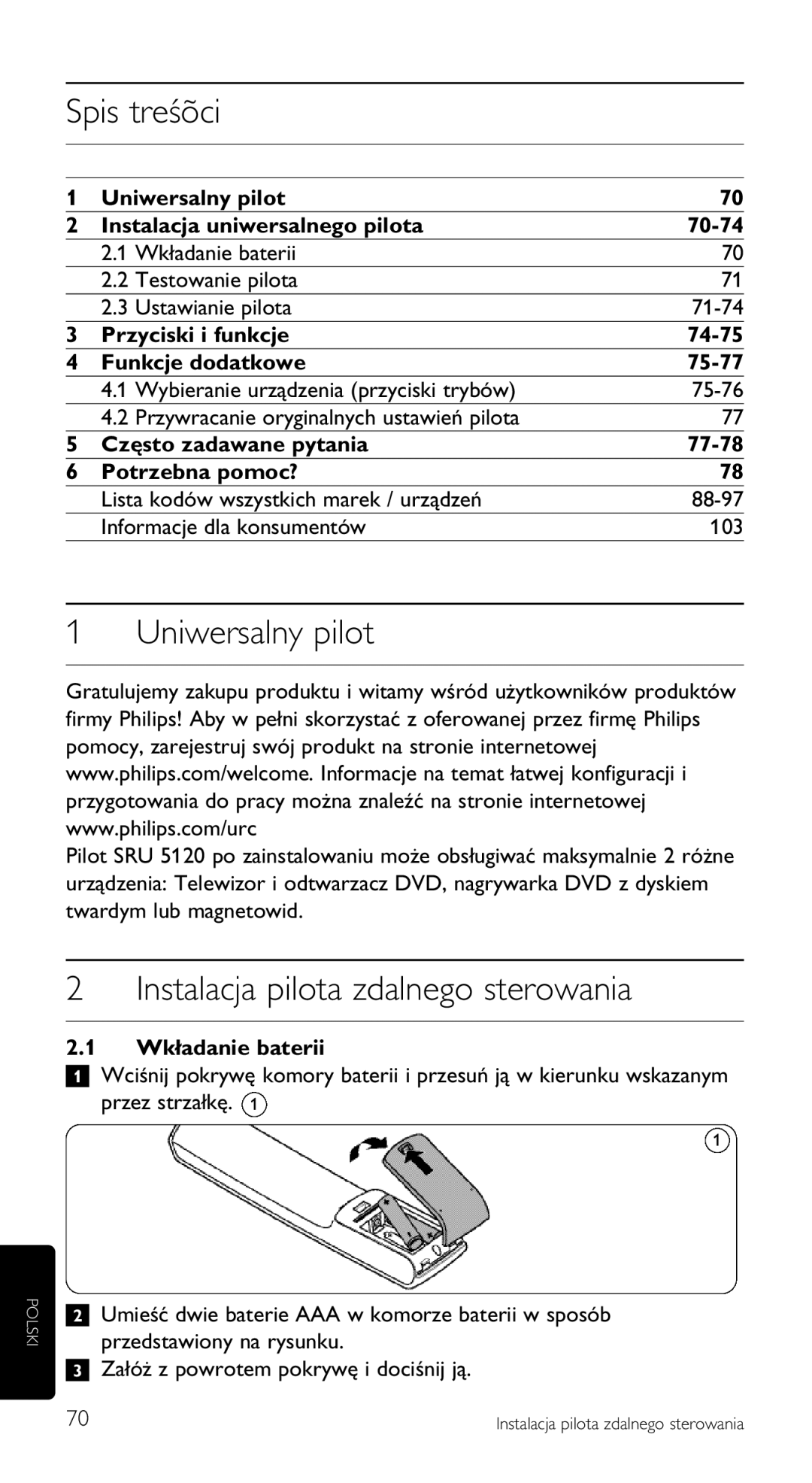 Philips SRU 5120/87 manual Spis treśõci, Uniwersalny pilot, Instalacja pilota zdalnego sterowania 