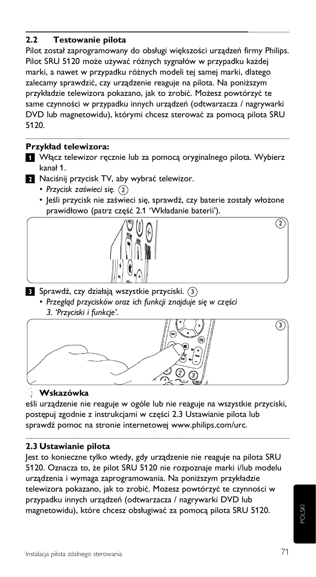 Philips SRU 5120/87 manual Testowanie pilota, Przykład telewizora, Przycisk zaświeci się, Wskazówka Ustawianie pilota 