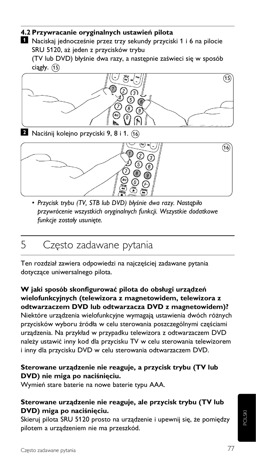 Philips SRU 5120/87 manual Często zadawane pytania, Przywracanie oryginalnych ustawień pilota 