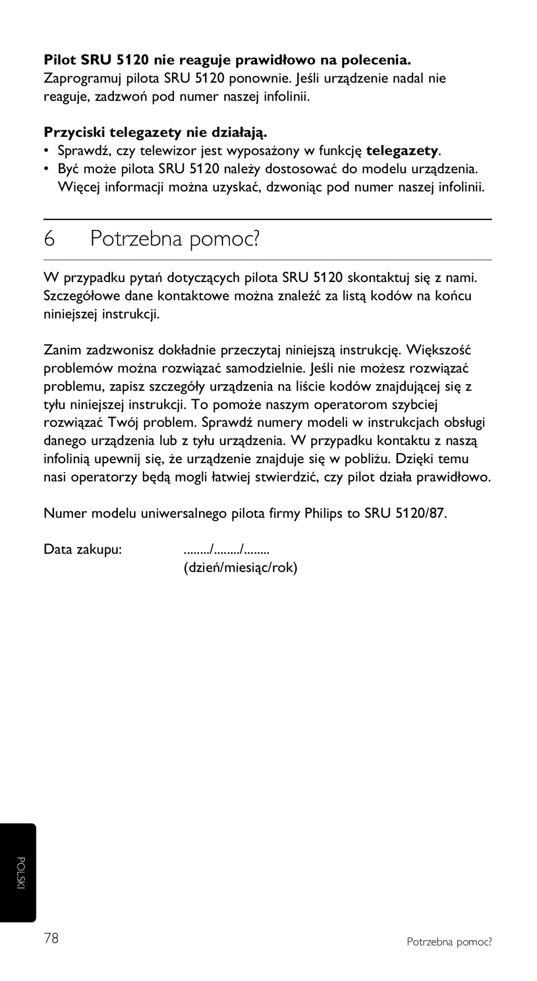 Philips SRU 5120/87 manual Potrzebna pomoc?, Pilot SRU 5120 nie reaguje prawidłowo na polecenia 