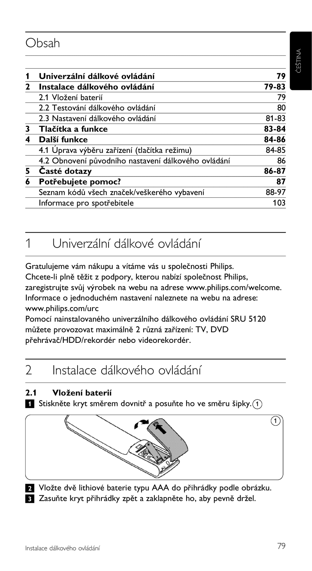 Philips SRU 5120/87 manual Obsah, Univerzální dálkové ovládání, Instalace dálkového ovládání 