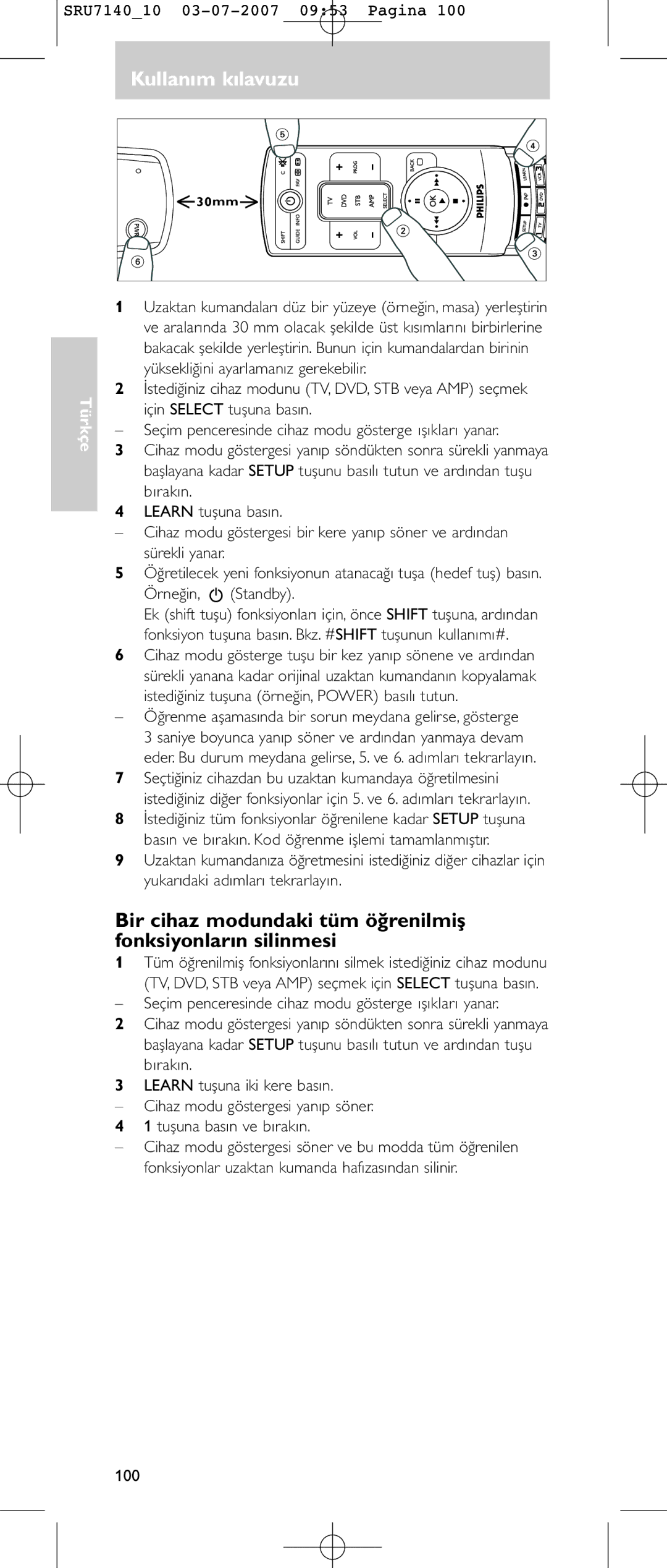 Philips SRU 7140 user manual Bir cihaz modundaki tüm öğrenilmiş fonksiyonların silinmesi 