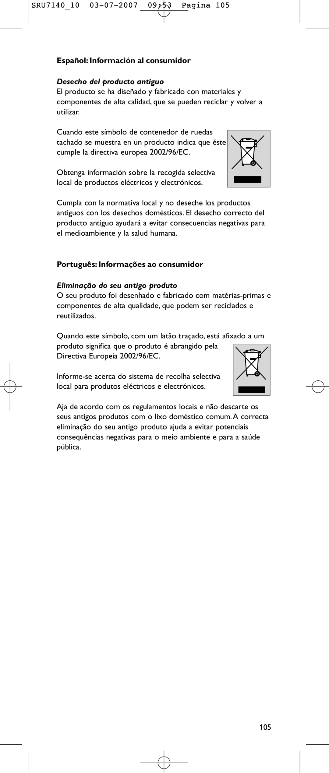 Philips SRU 7140 Español Información al consumidor, Desecho del producto antiguo, Português Informações ao consumidor 