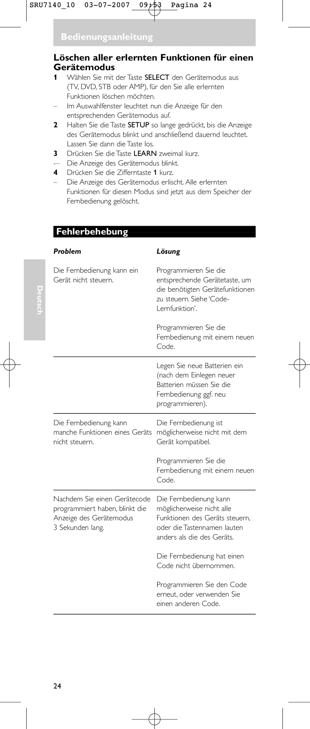 Philips SRU 7140 user manual Löschen aller erlernten Funktionen für einen Gerätemodus, Fehlerbehebung, Problem Lösung 