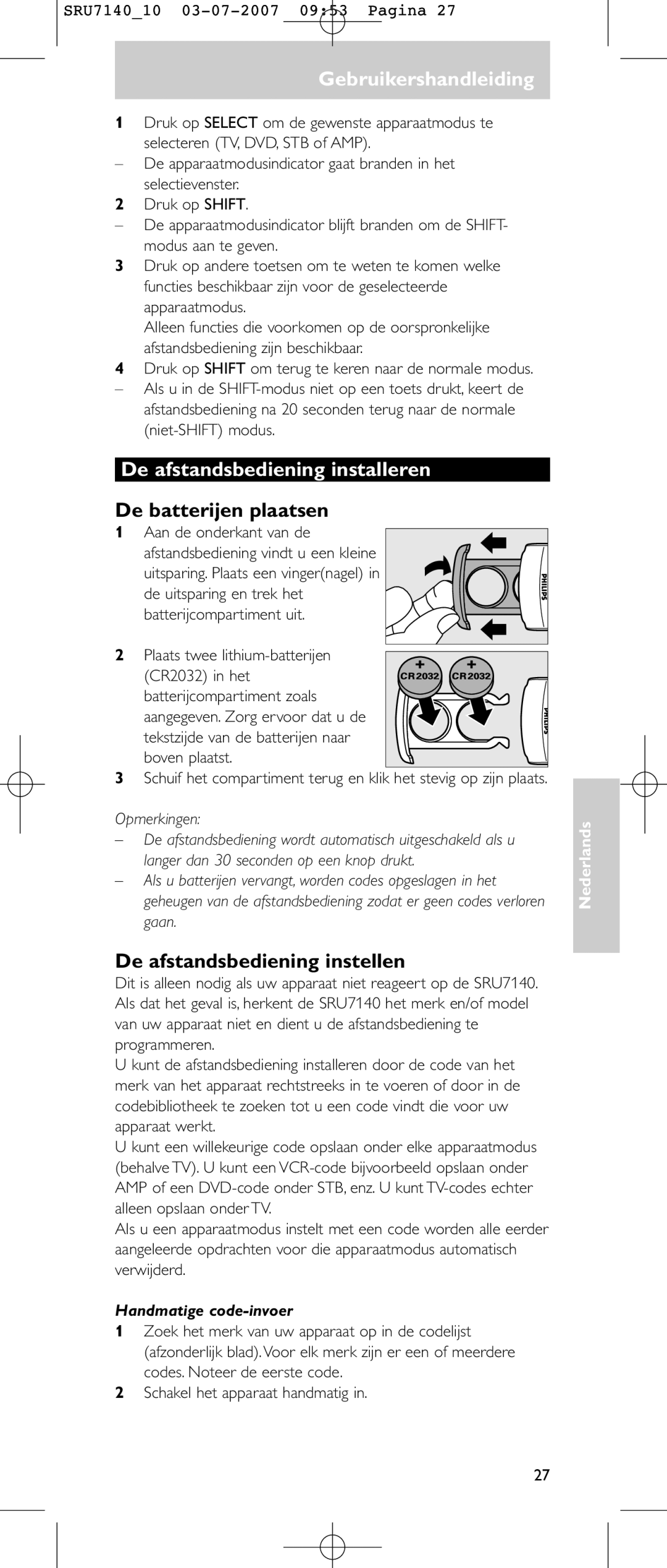 Philips SRU 7140 De afstandsbediening installeren, De batterijen plaatsen, De afstandsbediening instellen, Opmerkingen 