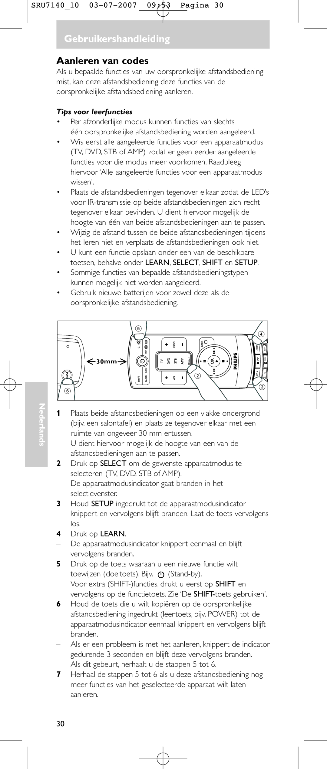 Philips SRU 7140 user manual Aanleren van codes, Tips voor leerfuncties 