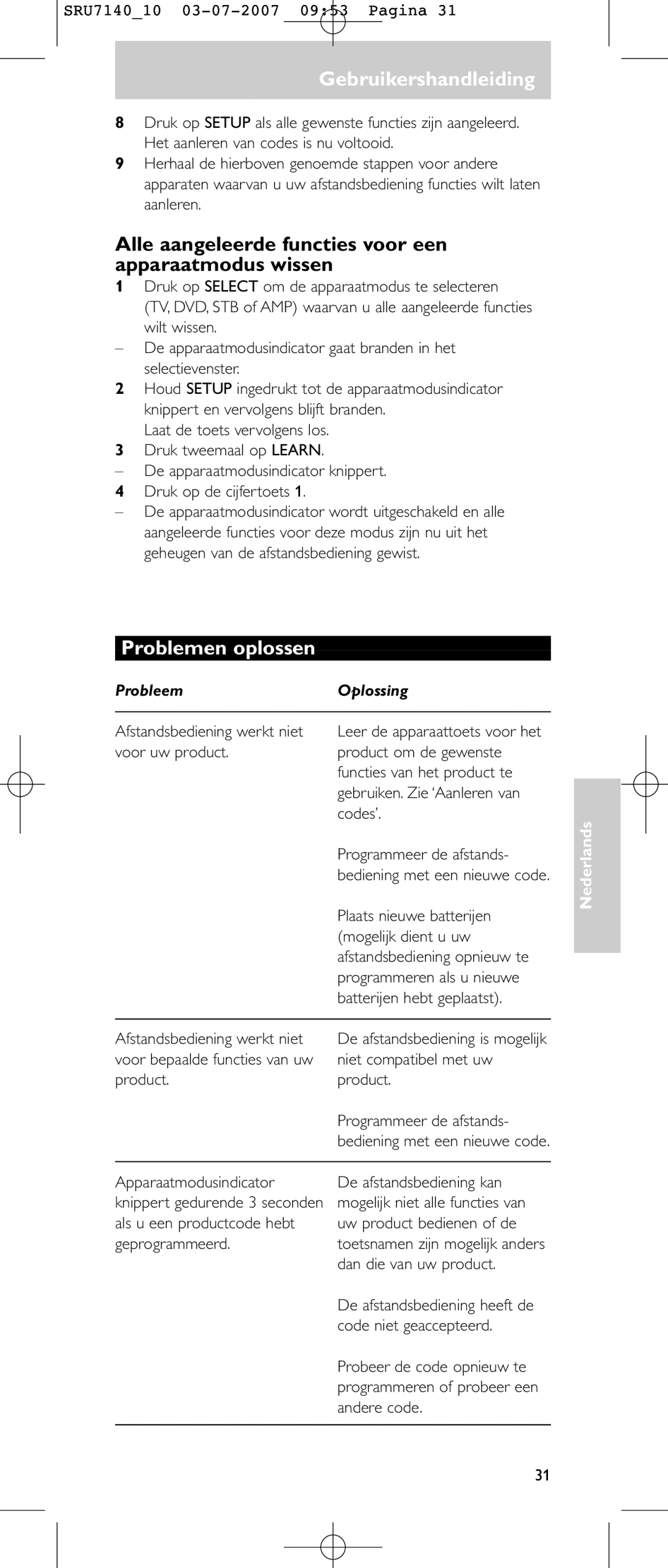 Philips SRU 7140 Alle aangeleerde functies voor een apparaatmodus wissen, Problemen oplossen, Probleem Oplossing 