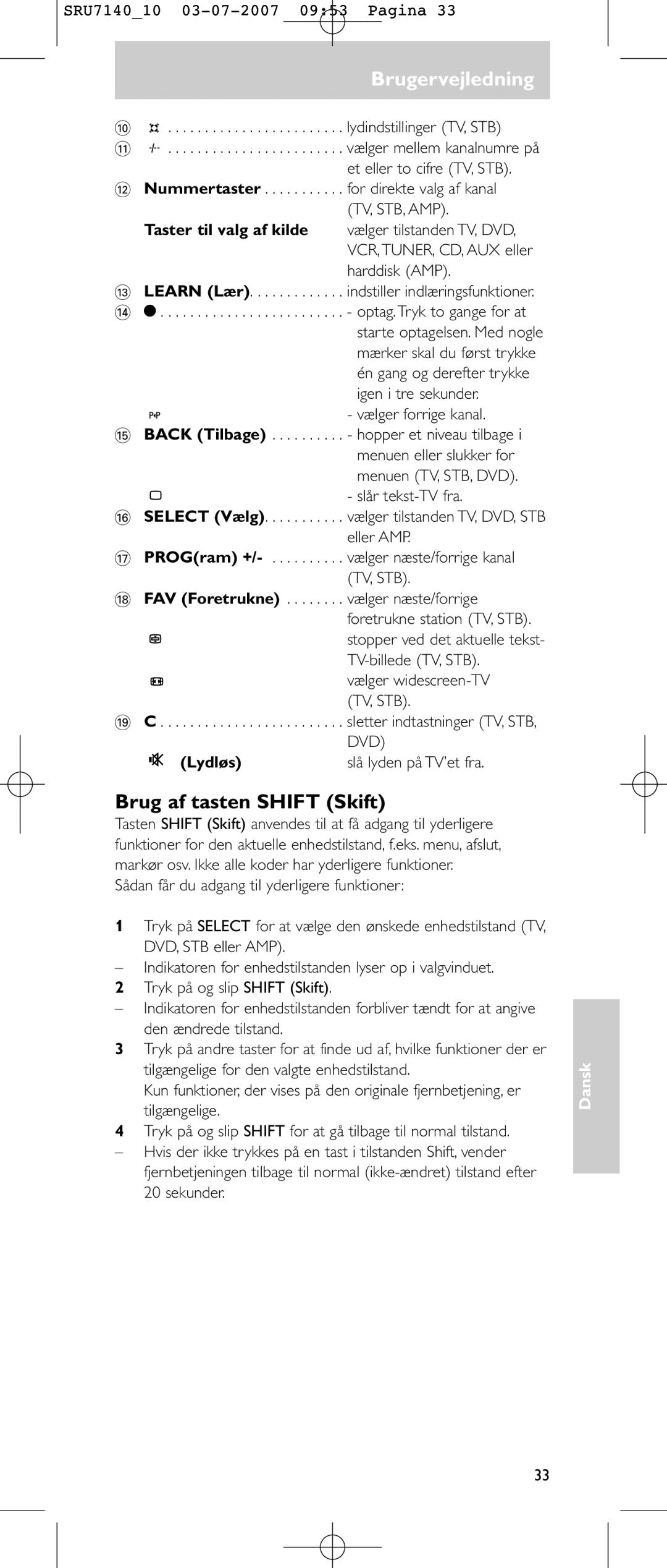 Philips SRU 7140 user manual Brugervejledning, Brug af tasten Shift Skift, Taster til valg af kilde, Lydløs 