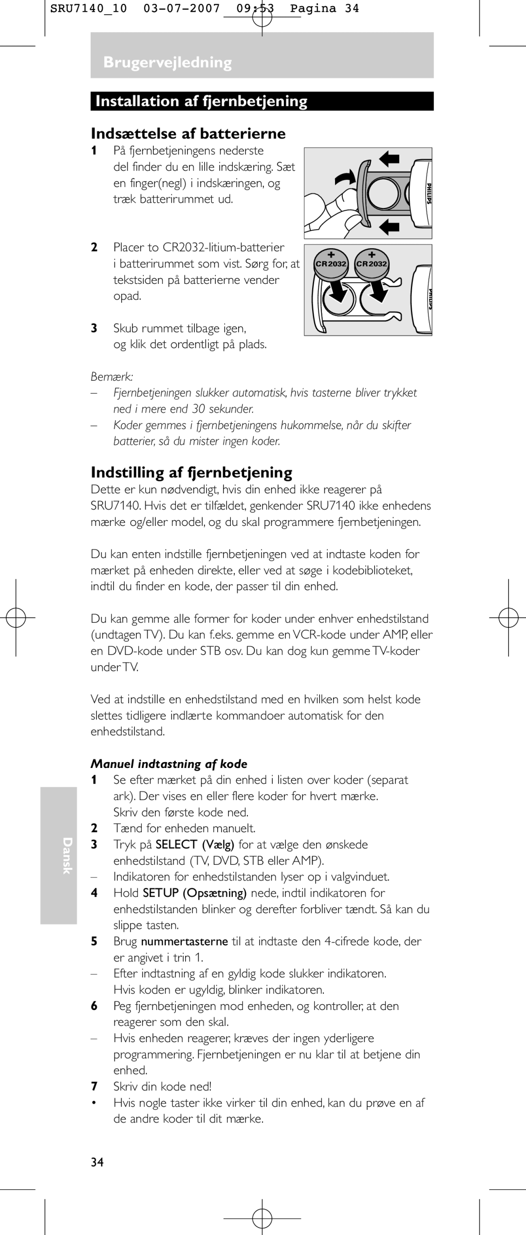 Philips SRU 7140 Brugervejledning Installation af fjernbetjening, Indsættelse af batterierne, Manuel indtastning af kode 