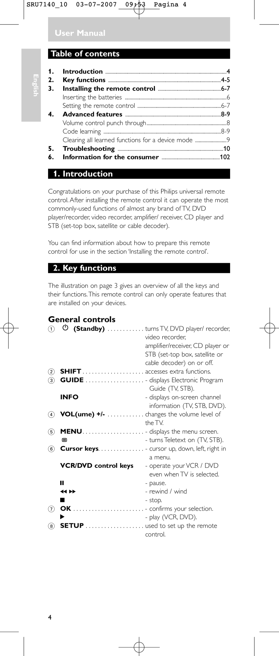 Philips SRU 7140 user manual Table of contents, Introduction, Key functions 