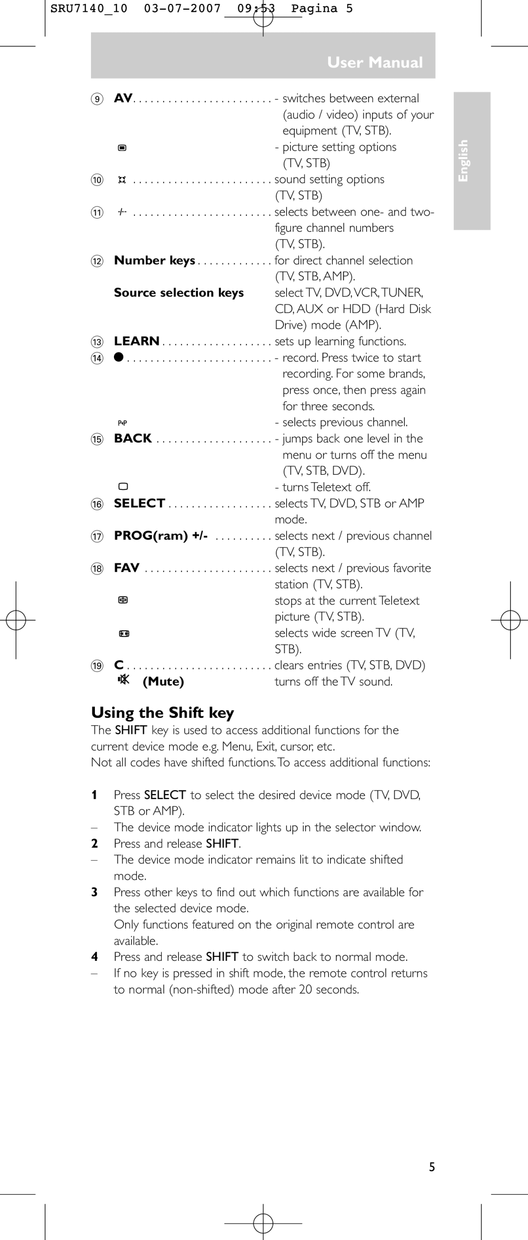 Philips SRU 7140 user manual Using the Shift key, Source selection keys, Mute 