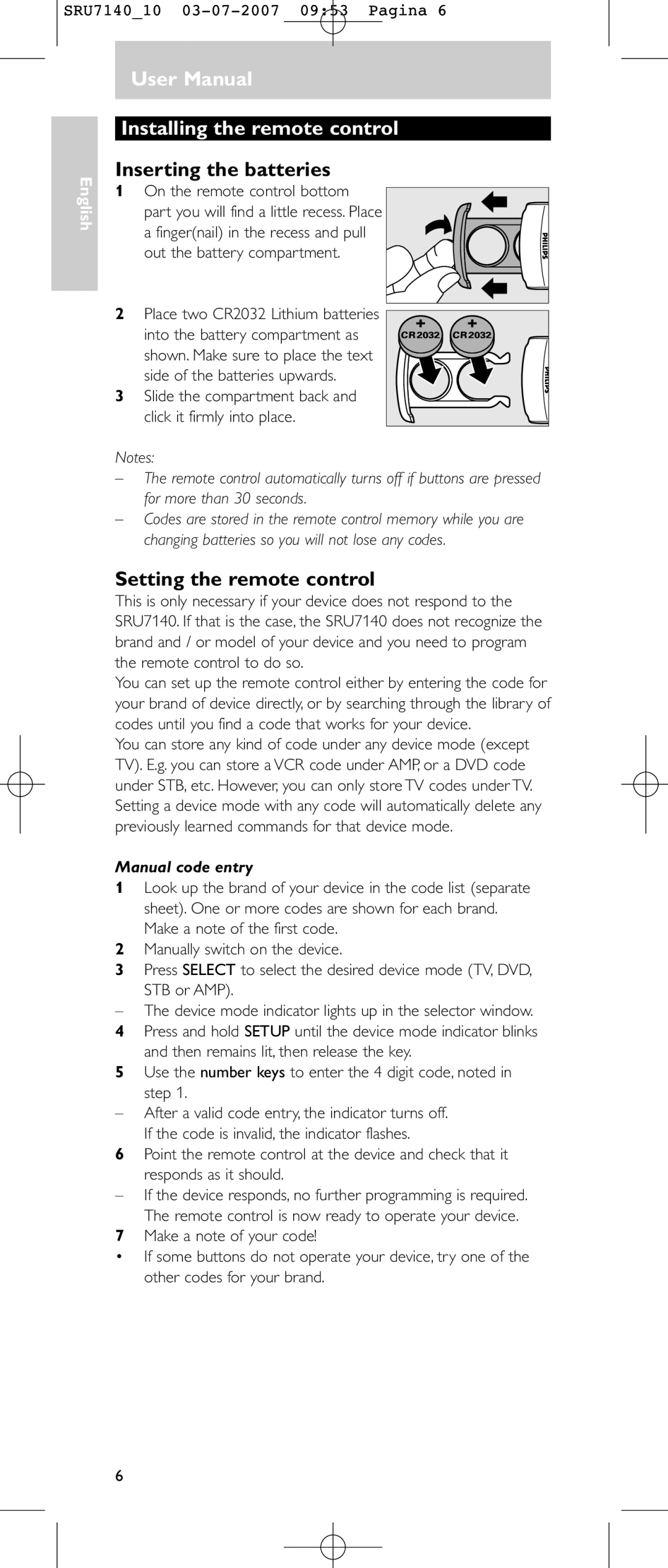 Philips SRU 7140 Installing the remote control, Inserting the batteries, Setting the remote control, Manual code entry 