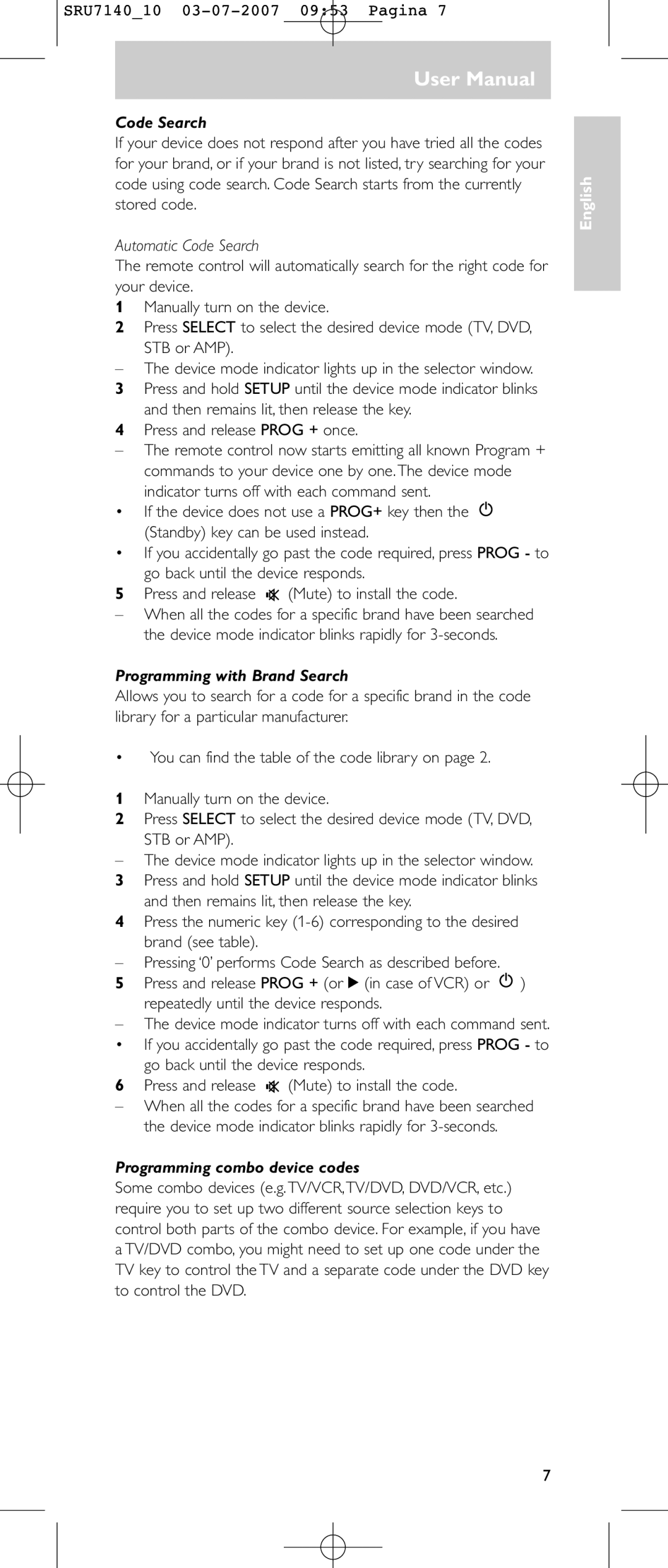 Philips SRU 7140 user manual Automatic Code Search, Programming with Brand Search, Programming combo device codes 