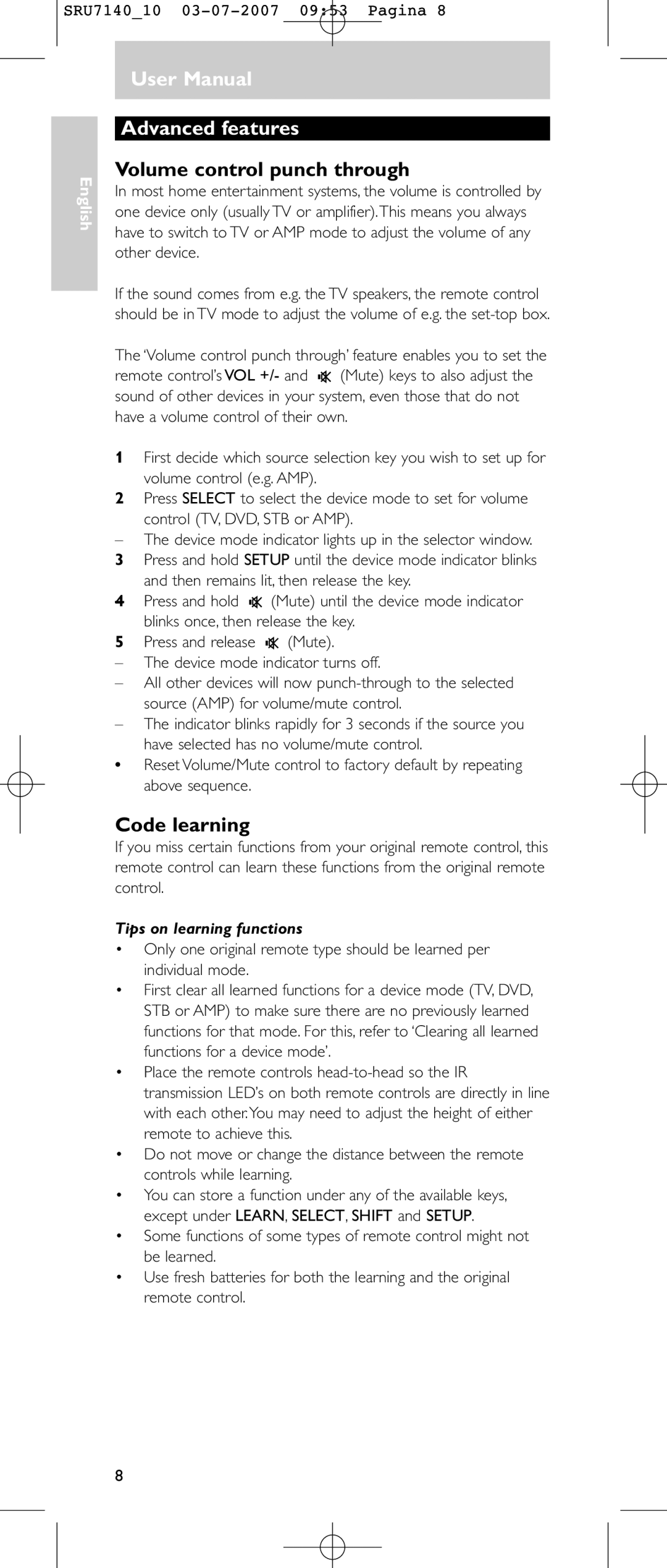 Philips SRU 7140 user manual Advanced features, Volume control punch through, Code learning, Tips on learning functions 